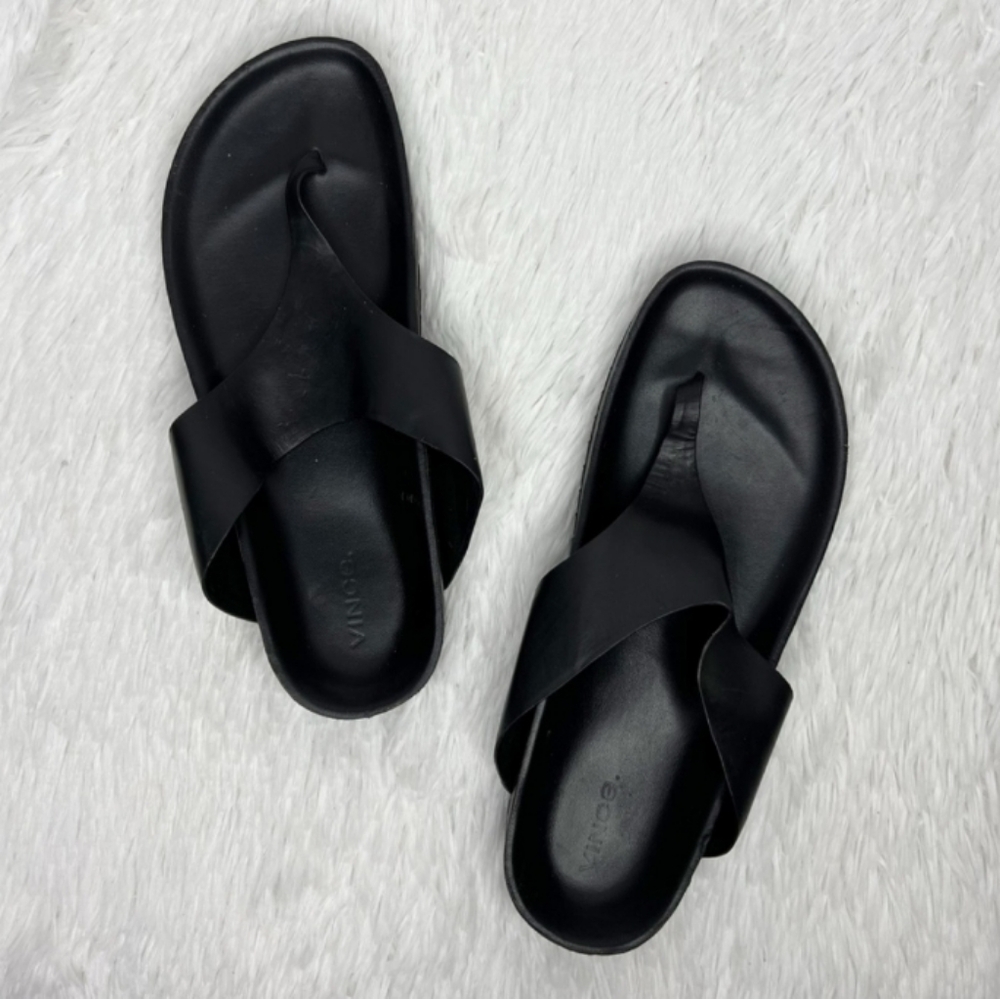 VINCE Padma Black Leather Thong Flip Flop Sandals 9US/39 EU Pre-owned Condition